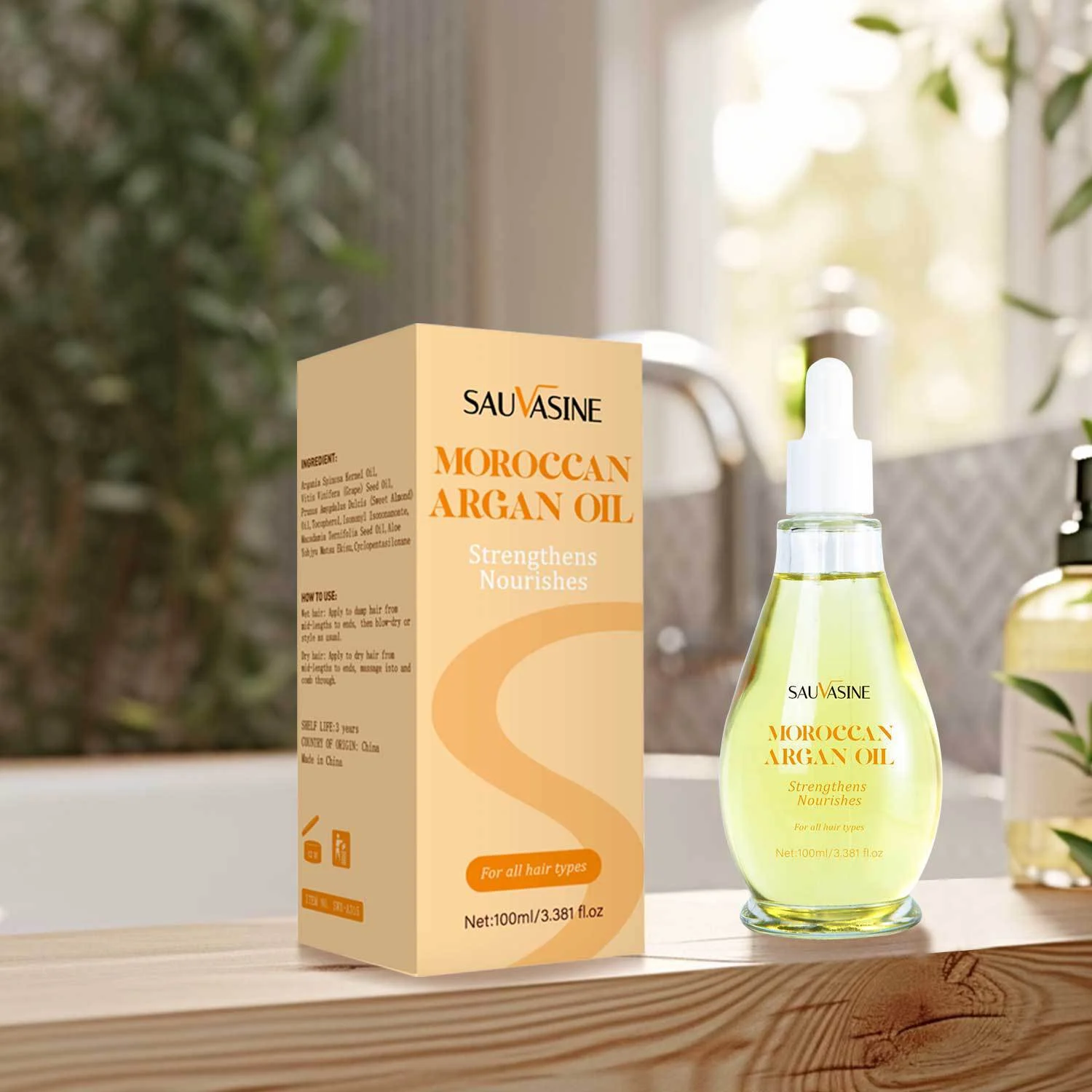 moroccan-argan-oil-100ml-hair-treatment-sau-98vqtfdx-desc-9 SAUVASINE Moroccan Argan Oil 100ml bottle for repairing dry, frizzy, and damaged hair.